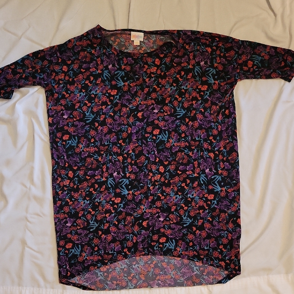 LuLaRoe Black Tunic with Purple, Red & Teal Floral Print